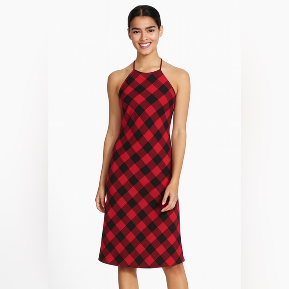 Ralph Lauren Vintage Halter Dress 90s Red Black Buffalo Plaid Check Wool 4 XS S - Picture 7 of 7
